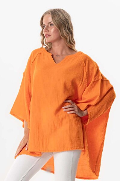 Eliş Şile Bezi Orange Half Sleeve Nadya V-Neck Orange Trnc