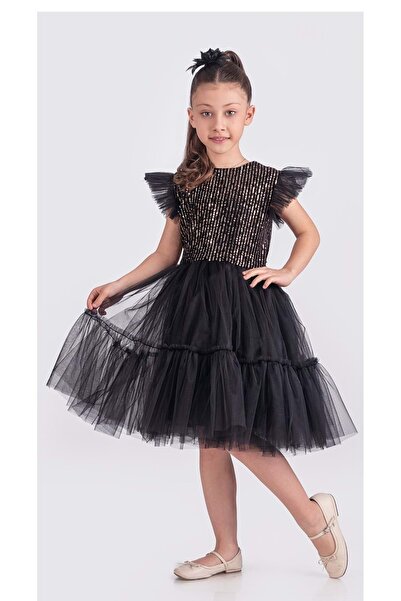 Mnk Baby&Kids Pul Payet Katkat Tütü Etekli Kız Çocuk Elbise M00722 SİYAH - SARI