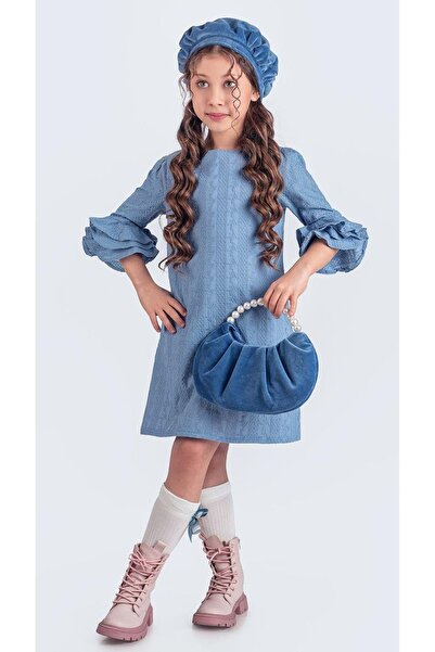Mnk Baby&Kids Set de beretă franceză, geantă, șosete și rochie pentru fetiță Miss Clarice M00704 ALBASTRU