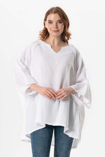 Eliş Şile Bezi Μισό μανίκι Nadya V Neck Blouse Λευκό