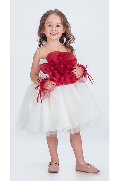 Mnk Baby&Kids Βραδινό φόρεμα για κορίτσια με λευκό λουλούδι με μοτίβο - με καρπούς και αξεσουάρ M00724