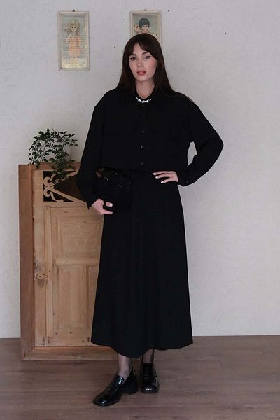 Ceylan Otantik Black Polyviscose Pocket Jacket Skirt Set