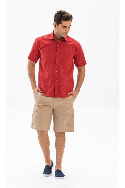 Eliş Şile Bezi Short Sleeve Sile Cloth Single Pocket Men's Summer Shirt Red 3051