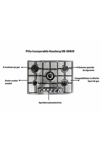 Hausberg Vestavná varná deska HB-566IN, 5 plynových hořáků, smaltovaná, piezoelektrická, bezpečnostní systém