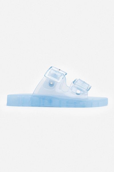 NİŞANTAŞI SHOES Papuci de damă Marlowe Transparent Baby Blue cu cataramă dublă cu talpă plată