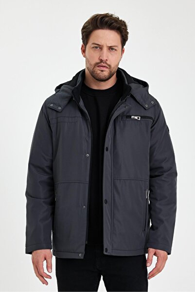 SİVAİST Сиво дебело кожено палто - с подвижна качулка и цип, устойчиво на вятър и вода