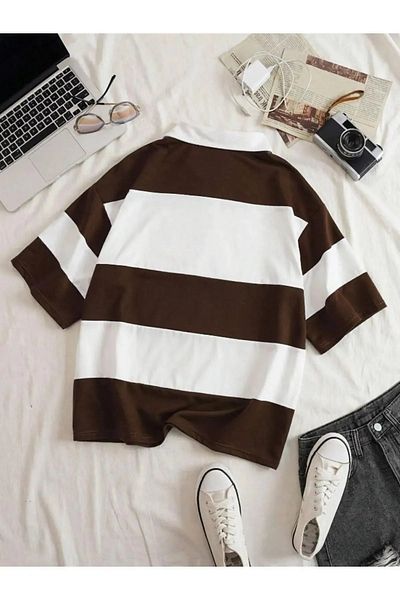 Marjill Μπλουζάκι Unisex Καφέ Λευκό Πόλο με μισό φερμουάρ