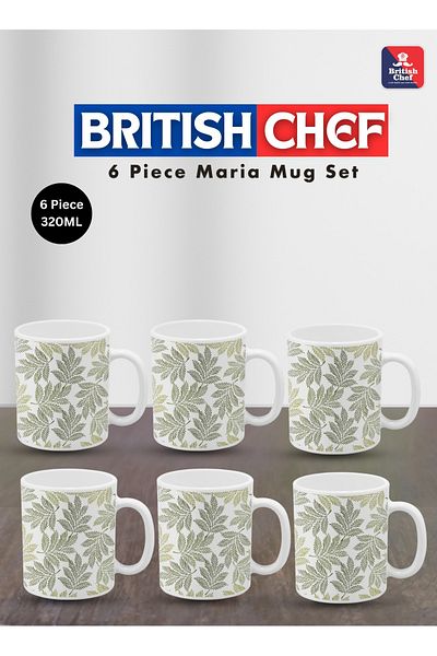 British Chef 6 Piece Opalware Maria Plano Tea & Coffee Mug Set 320ml | Microwave & Dishwasher Safe Bc2031