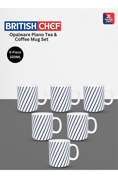 British Chef 6 Piece Opalware Indigo Grey Plano Tea & Coffee Mug Set 320ml- Bc2031