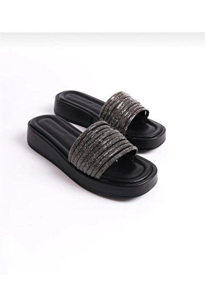 homiro Μαύρες γυναικείες παντόφλες - Λεπτομέρειες από πέτρα και ρίγες