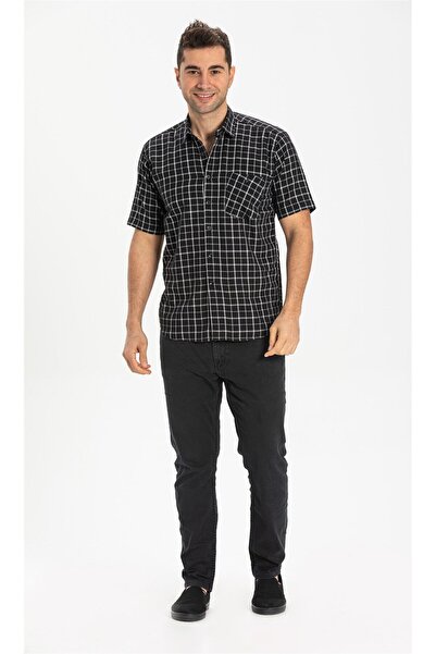 Eliş Şile Bezi Ανδρικό καλοκαιρινό πουκάμισο με κοντό μανίκι, μονό τσεπάκι, μαύρο καρό 3055