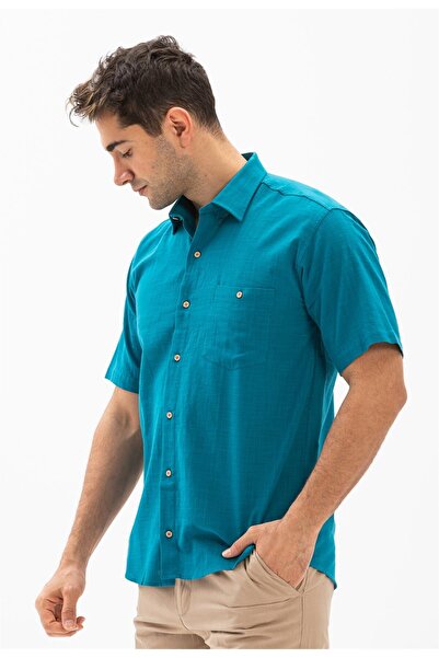 Eliş Şile Bezi Cămașă de vară pentru bărbați cu mânecă scurtă Sile Cloth cu un singur buzunar Petrol 3053