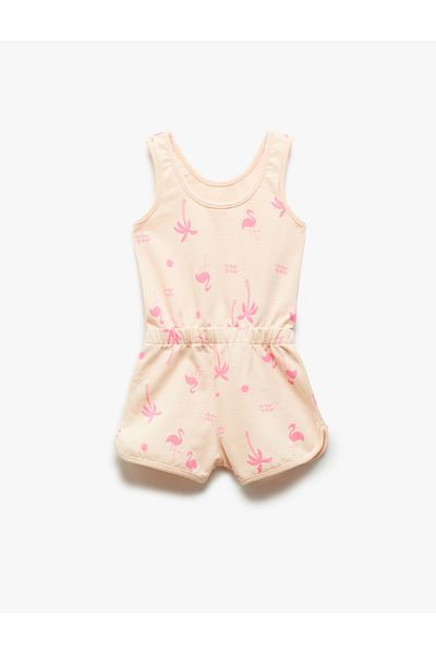 Koton Flamingo Printed Cotton Jumpsuit with Elastic Waist and Straps