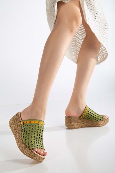 ANALİN SHOES Γυναικείες παντόφλες με τακούνι από γνήσιο δέρμα λέιζερ - Πράσινο φιστίκι
