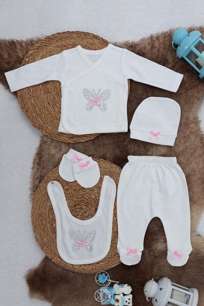 Sema Baby طقم ملابس خروج من المستشفى مكون من 5 قطع 0-3 أشهر - فراشة وردية