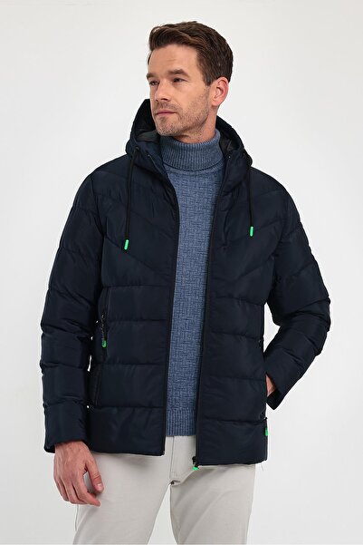 SİVAİST Men's Navy Blue Standard Fit Normal Cut Furry Fixed Hooded Stand Up Collar Coat