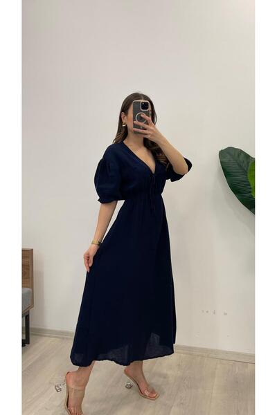 Nazline فستان نسائي طويل بياقة على شكل حرف V وخصر مطاطي وأكمام بالونية مرنة