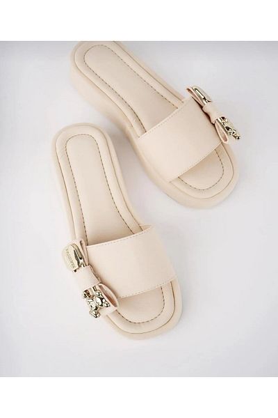 homiro Beige Women's Slippers - Gold Bow Detail
