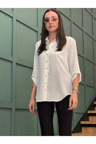 AYHAN Three-Quarter Sleeve Chiffon Shirt with Button Details on the Front and Sleeves