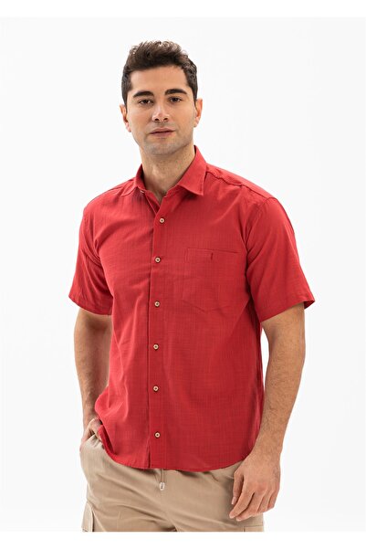 Eliş Şile Bezi Короткий рукав, шильська тканина, одна кишеня, чоловіча літня сорочка, червона 3051