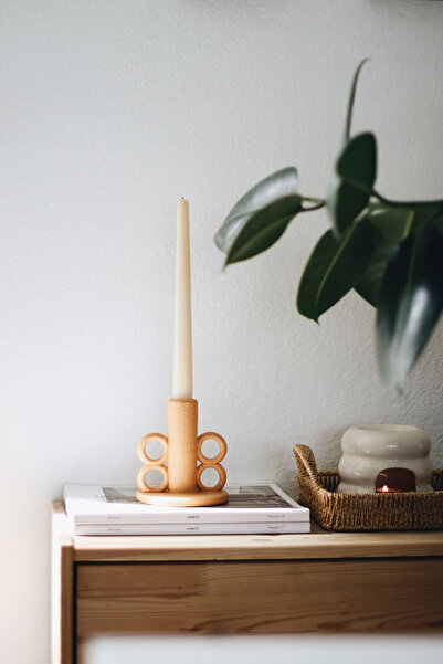 BEIGE Kulplu Dokulu Şamdan Mumluk