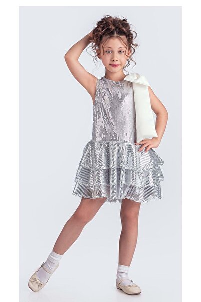 Mnk Baby&Kids Rochie de seară pentru fetiță cu paiete strălucitoare cu fundă la guler M00702 SILVER