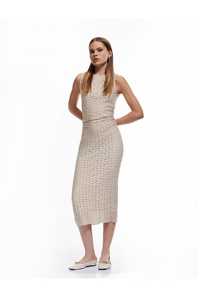 Koton Draped Textured Crew Neck Sleeveless Lace Long Dress