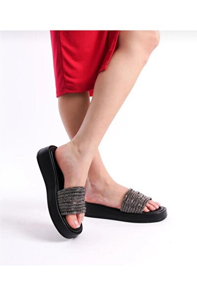 homiro Μαύρες γυναικείες παντόφλες - Λεπτομέρειες από πέτρα και ρίγες