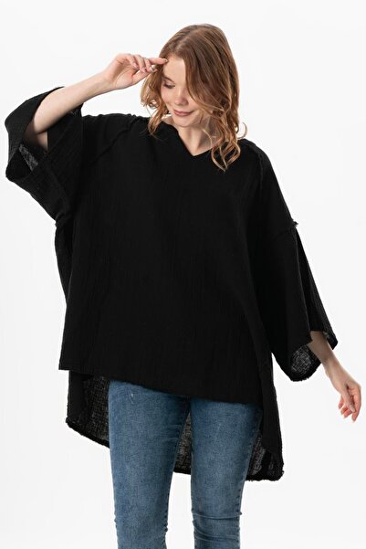 Eliş Şile Bezi Half Sleeve Nadya V-Neck Muslin Summer Blouse - Black