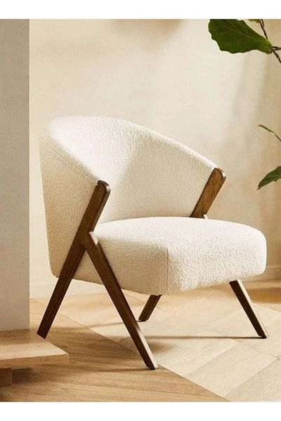 soufa dibaj Chair|Bouclee And Dark Brown Wood Legs 60x70x60 cm- White
