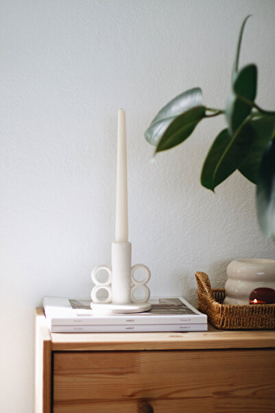 BEIGE Kulplu Dokulu Şamdan Mumluk