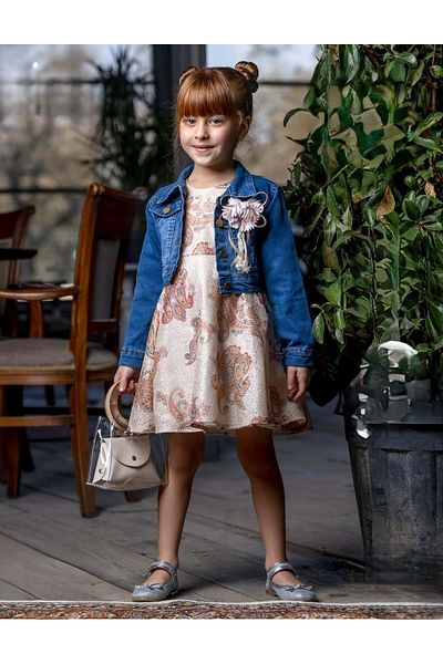 Mnk Baby&Kids ΜΠΕΖ Κοριτσίστικο Φόρεμα - Floral Motif με Τζιν Μπουφάν M00721