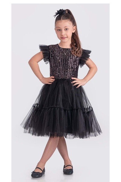 Mnk Baby&Kids Φόρεμα για κορίτσια με παγιέτες και φούστα M00722 ΜΑΥΡΟ - ΡΟΖ