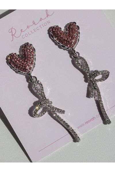 Reorah Collection Romantic Gem Heart Earrings-Dangle Earrings with Rhinestone Bow