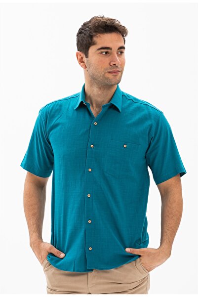 Eliş Şile Bezi Короткий рукав, шильська тканина, одна кишеня, чоловіча літня сорочка, нафтова 3053