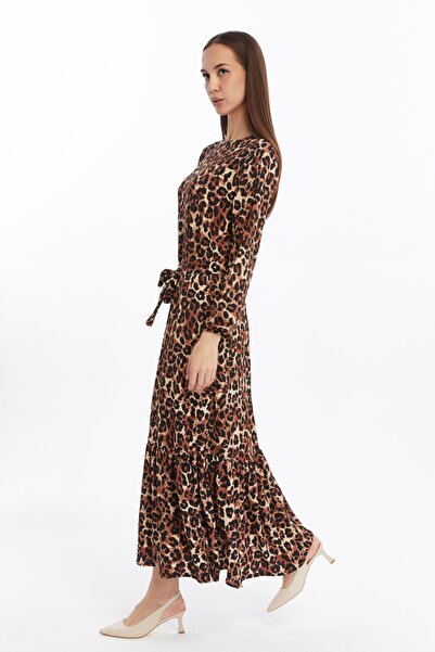 CNR TEKSTİL Women's Leopard Print Ruffle Long Dress