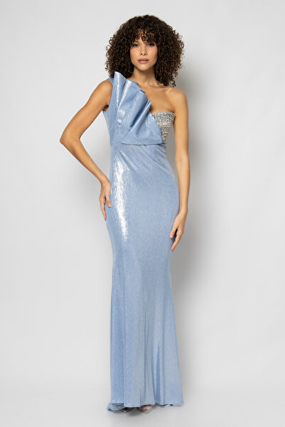 RENGIN Tek göğsü taş yapıştırmalı robası kat kat volanlı abiye elbise