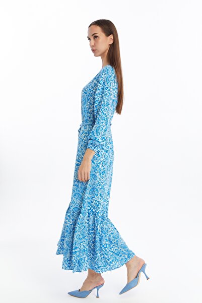 CNR TEKSTİL Women's Blue Paisley Pattern Long Pleated Dress