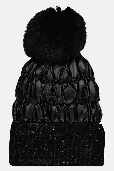 Justin Gregory Women Pom Pom Puffer Beanie, Black