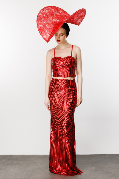 Promise by Yıldırım Kırmızı Payetli Balık Etek ve Crop Top Takım Abiye Kostüm