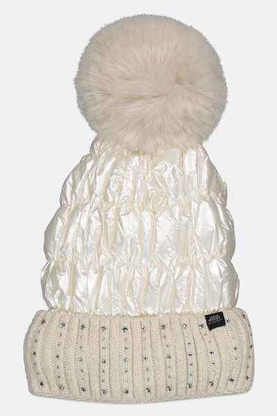 Justin Gregory Women Pom Pom Puffer Beanie, Ivory