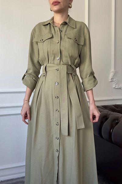 MAGARDE Double Pocket Tied Linen Dress - Khaki