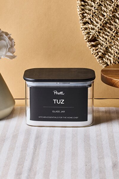 Perotti Porter Siyah Kapak Borosilikat Dikdörtgen Cam Kavanoz 650 ml 8x12x8 cm 4 Adet Etiketli