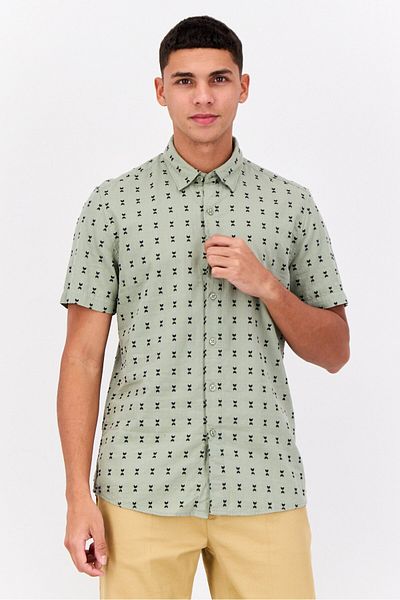 Peter Werth Men Spread Collar Short Sleeves Allover Print Casual Shirt, Sage Green