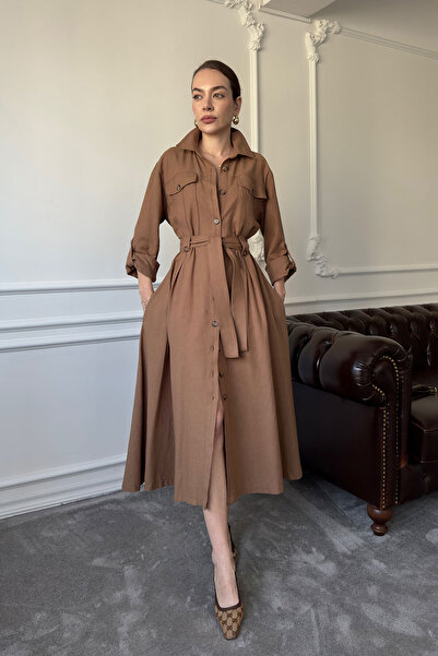 MAGARDE فستان بني بجيب مزدوج وربطة عنق أرجواني