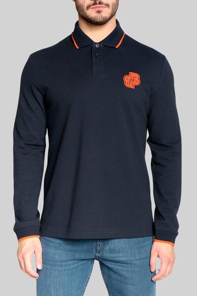 BOSS Erkek Polo Yaka Pamuklu Uzun Kollu T-shirt Lacivert