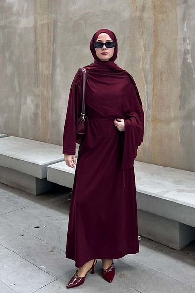 Ceylan Otantik Burgundy Shawl Collar Dress
