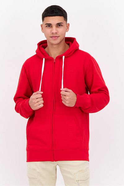 fleece factory Men Hooded Solid Long Sleeves Full Zip Sweatshirt, Red