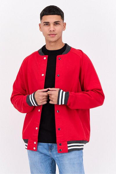 fleece factory Men Stand Collar Solid Long Sleeves Sweatshirt, Red Combo