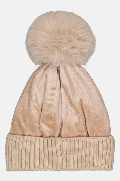 Justin Gregory Women Pom Pom Velvet Knitted Beanie, Cream